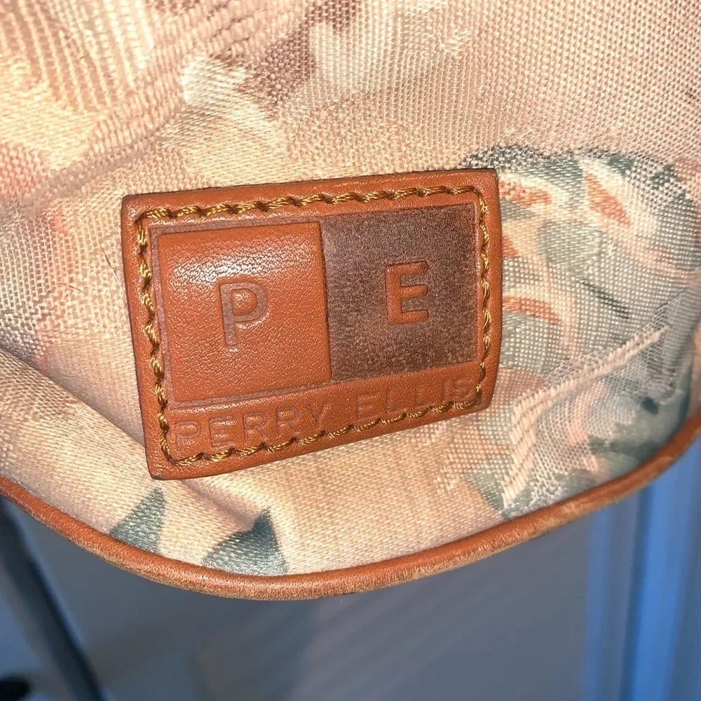 Perry Ellis vintage floral canvas bucket purse with leather trim